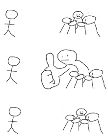 a black and white drawing of stick figures giving a thumbs up .