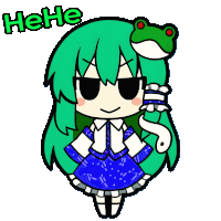 a drawing of a girl with green hair and a frog on her head with the word " he he " above her