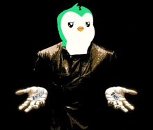 a penguin with a green head is holding out his hands with the numbers $ 876 $ and $ 895 on them