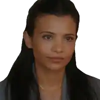 a close up of a woman 's face with a white background behind her