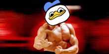 a muscular man with a donald duck face on his head