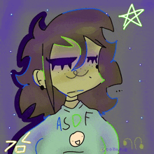 a drawing of a girl wearing a sweater that says asdf and a star .