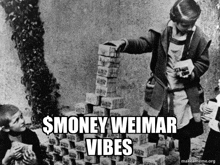 a black and white photo of a girl stacking money with the caption " $ money weimar vibes "