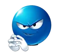 a blue smiley face with an angry look on its face and white gloves