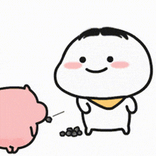 a cartoon character with a scarf around his neck is standing next to a pink piggy bank .