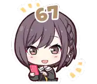 a cartoon of a girl holding a cell phone with the number 67 on top of her head .