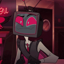 a cartoon character with a tv head and red eyes is standing in front of a sign that says gui