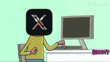 a cartoon of a person sitting in front of a computer with the words $booty in the lower right corner