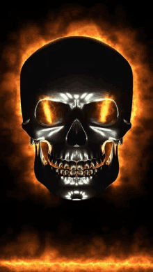 a skull with flames coming out of it 's eyes on a black background