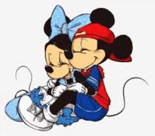 mickey mouse and minnie mouse are sitting next to each other and hugging .