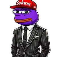 a cartoon of a purple frog wearing a suit and a solana hat