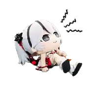 a doll with white hair and a red and black dress is laying on the floor