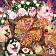 a group of animals are sitting around a pizza with the word paint by number on the bottom right