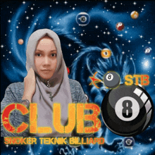 a woman in a hijab stands in front of a pool ball with the words club snoker teknik billiard on it