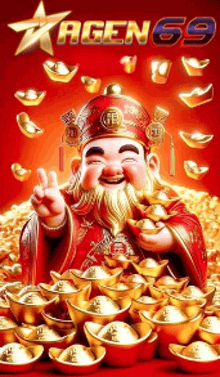 a cartoon of a man with a beard holding a pile of gold .