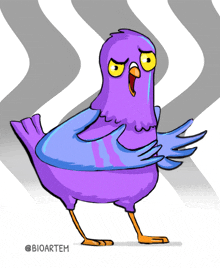 a cartoon drawing of a purple pigeon with a yellow beak