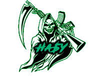 a grim reaper with a scythe is holding a gun and the word hasy is on the bottom