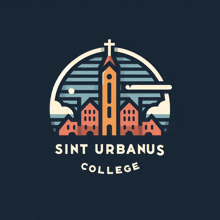 a logo for sint urbanus college shows a church with a cross on top of it