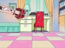 a cartoon girl is doing a handstand in front of a desk and chair