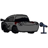 a cartoon drawing of a dinoco car with a microphone