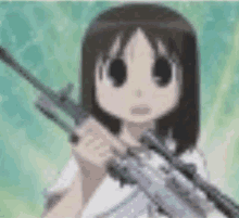 a girl in a white shirt is holding a gun in her hand .