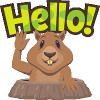 a cartoon illustration of a groundhog waving with the word hello behind him