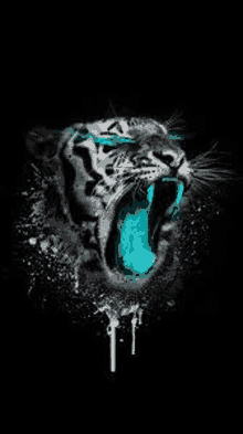 a black and white painting of a tiger with a blue tongue .