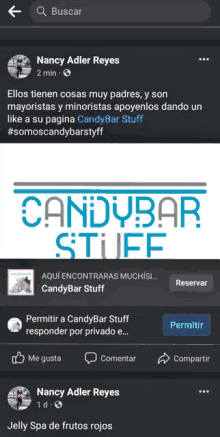 a facebook page for nancy adler reyes has a candybar stuff logo on it