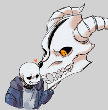 a drawing of a skeleton and a skull with horns and orange eyes