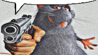 a person is holding a gun in front of a cartoon rat .