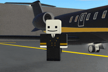 a man with a white head and a black and gold airplane in the background