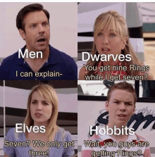 a funny meme about men dwarves elves and hobbits is shown