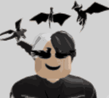 a man wearing sunglasses has bats flying over his head