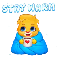 a cartoon character wrapped in a blue blanket holding a cup of coffee