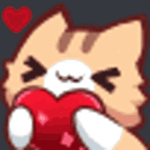 a pixel art drawing of a cat holding a red heart in its paws .