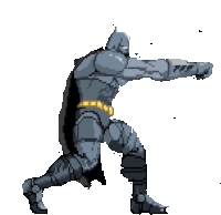 a pixel art drawing of batman standing with his fist in the air