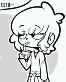 a black and white drawing of a girl holding a straw .