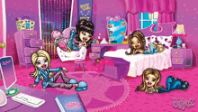 a cartoon drawing of a girl 's bedroom with the word bratz on the bottom right