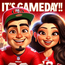 a man and a woman are smiling in front of a sign that says it 's game day