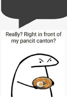 a stick figure is holding a plate of food and a speech bubble .