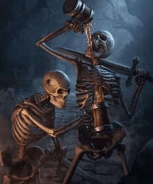 two skeletons are drinking from a barrel and one has a sword