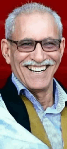 a man with glasses and a mustache is smiling for the camera in front of a red background .