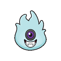 a cartoon illustration of a monster with a purple eye and white teeth