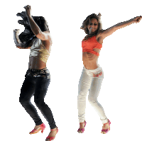 two women are jumping in the air with their arms outstretched and one is wearing an orange top