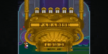 a video game screen shows mario standing in front of a machine that says " paradise "