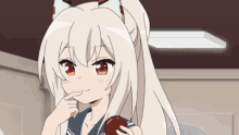 a cute anime girl with white hair and red eyes is holding a chocolate donut .