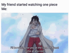 a meme of a person watching one piece with a caption that says `` my friend started watching one piece me '' .