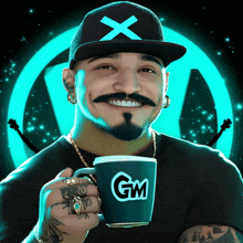 a man wearing a hat and holding a cup that says gm on it