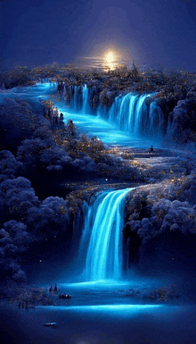 a painting of a waterfall with the moon in the background