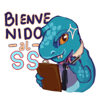 a cartoon of a dinosaur holding a clipboard with the words bienve nido al ss written above it